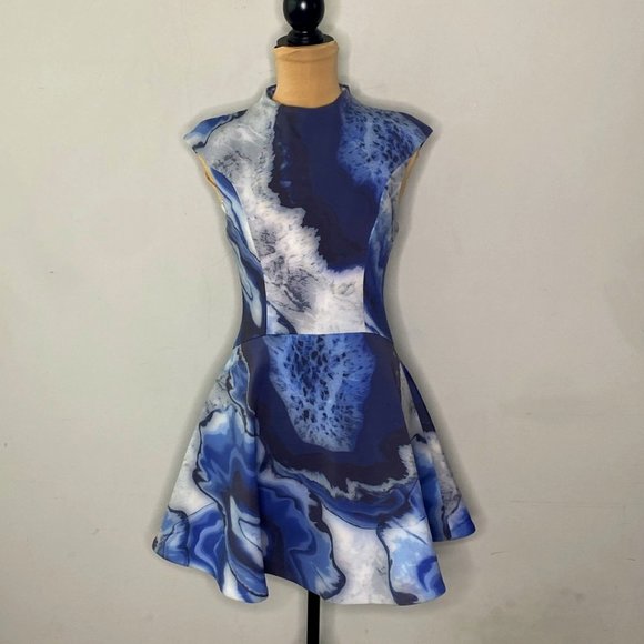 cameo Blue Marble Daydreaming Mini Dress Fit & Flare Cap Sleeves Mock Neck Small - Picture 4 of 12